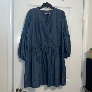 EUC ELOQUII Elements Chambray Balloon Sleeve Faux Wrap Dress